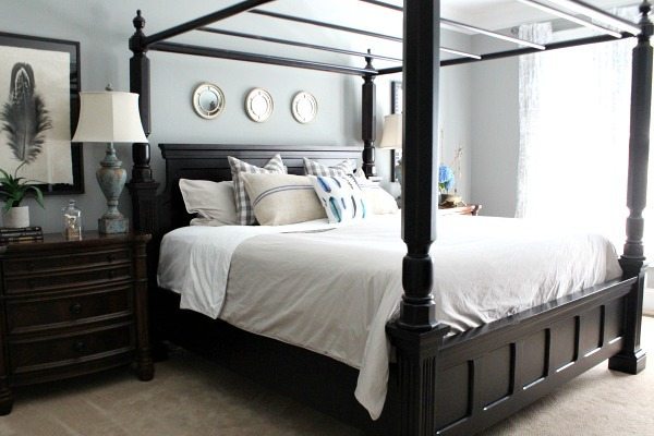 Blues and grays for a calming master bedroom at refreshrestyle.com