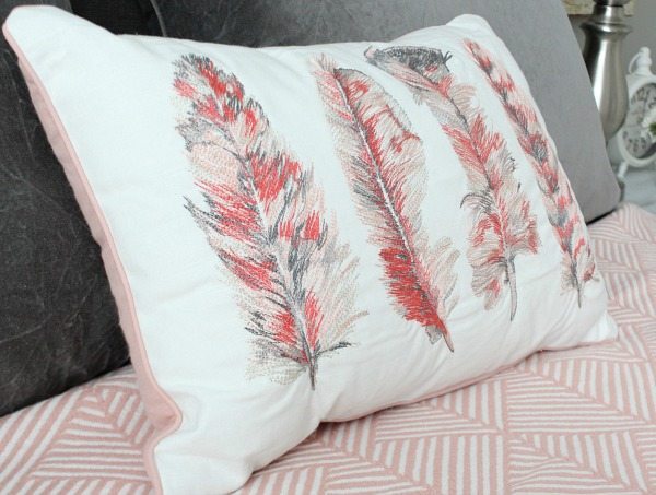 Feather pillow - Guest room with corals and gray at refreshrestyle.com