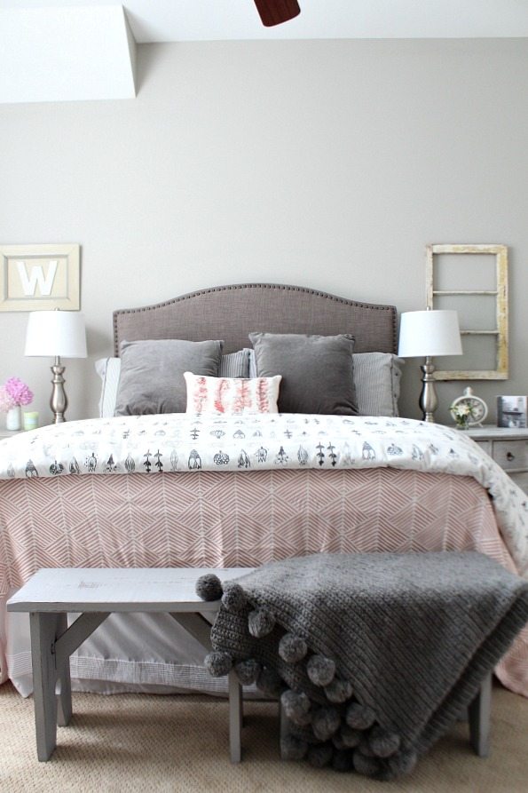 Guest room with corals and gray at refreshrestyle.com