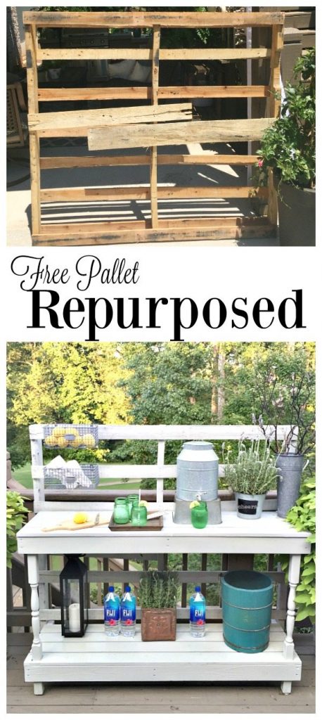 Free pallet repurposed - Dining -Rustic farmhouse serving area idea - Made from a pallet - outdoor potting table serves as buffet or drink service area