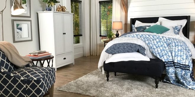 Light Gray Walls And Dark Blinds Farmhouse Bedroom In Navy With Shiplap Wall And Padded Headboard At Refresh Restyle 660x330 