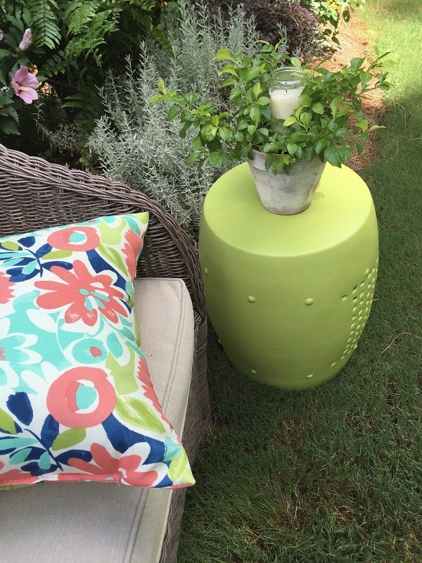 Bright colors are perfect for outdoor living - Outdoor garden stool makeover with DecoArt Americana Decor outdoor living paint