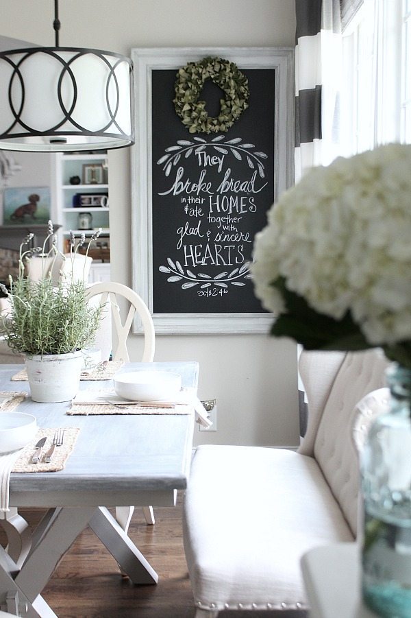 Farmhouse dining space with painted x-base table from Better Homes and Gardens at Walmart line of furniture