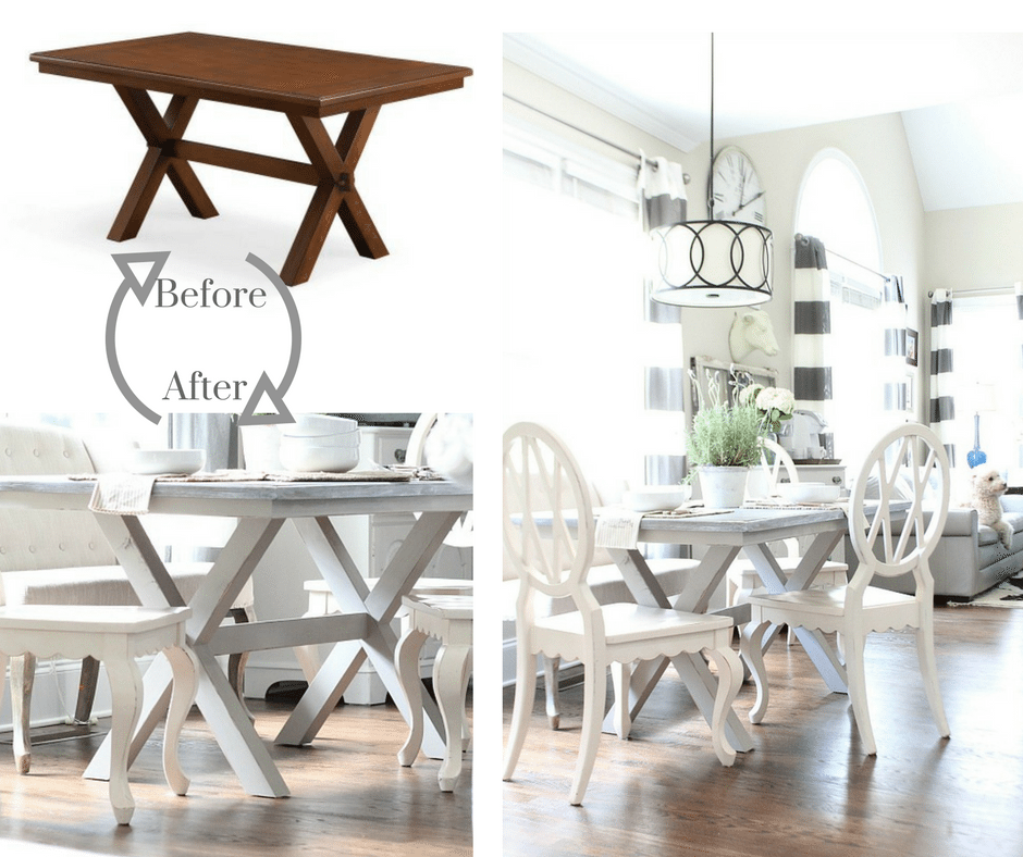 Farmhouse dining table light and bright painted and stained DIY Before and After