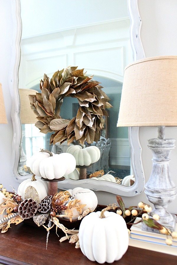 Farmhouse entry with white pumpkins for fall at Refresh Restyle