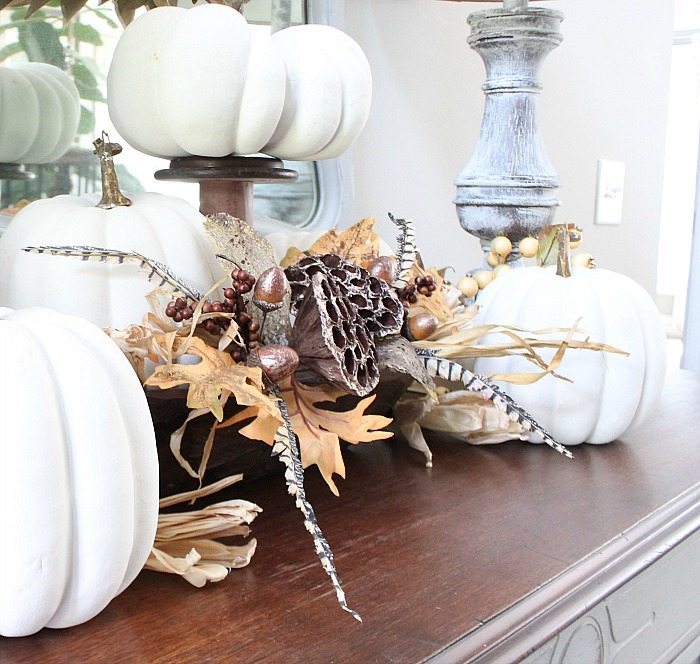 Light and bright fall idea with faux painted pumpkins