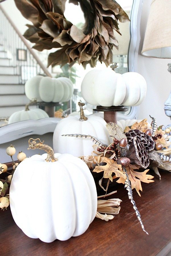 Painted faux white pumpkins for fall at Refresh Restyle