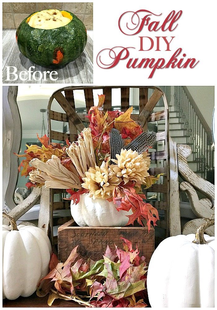 10 Minute Pumpkin makeover using a thrifty find to create a beautiful fall arrangement at Refresh Restyle