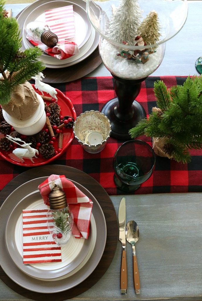 Affordable ideas for your farmhouse table including buffalo check and little trees