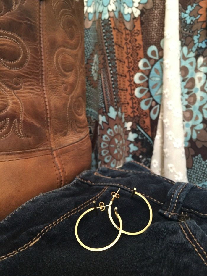 Gold tone hoop earrings complete the boho look