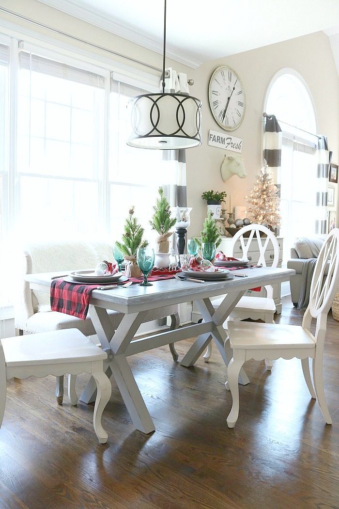 Farmhouse table dressed in buffalo check for Christmas