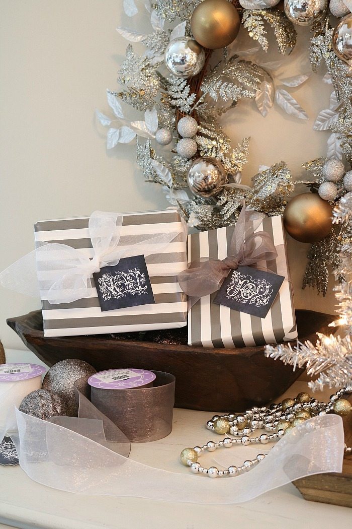 Gray and white gifts with chalkboard tags