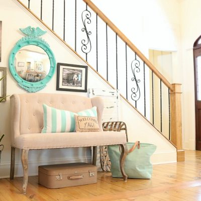 Bright and cheery entry way with aqua and turquoise - federal convex mirror