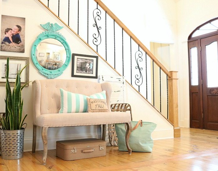 Bright and cheery entry way with aqua and turquoise - federal convex mirror