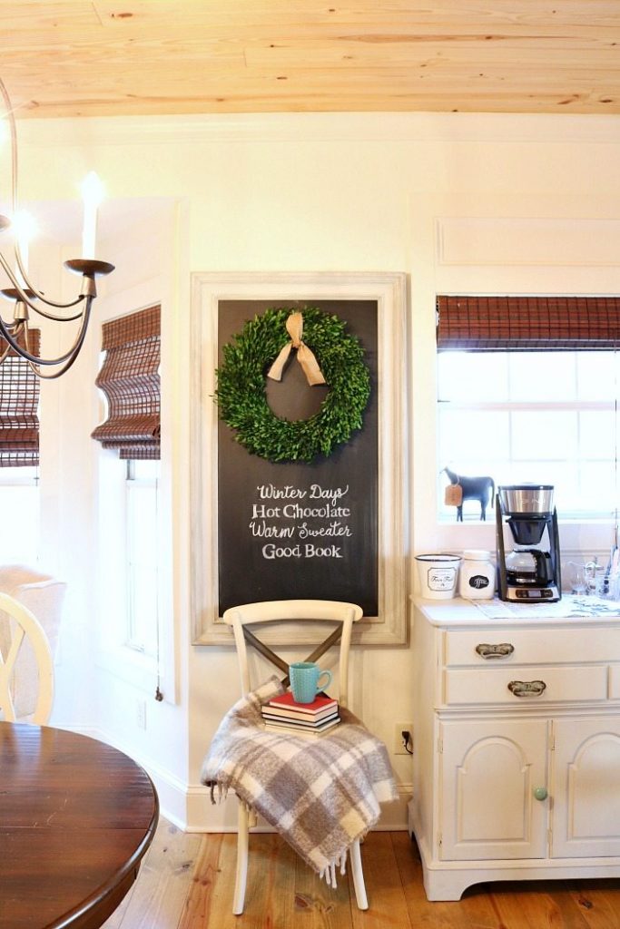 Love chalkboards and winter quotes and boxwood wreaths for winter