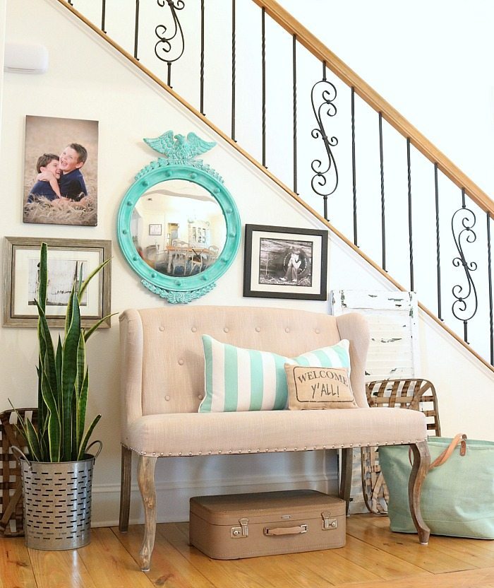 Welcome y'all cute pillow and the turquoise accents - mirror is a thrifty find