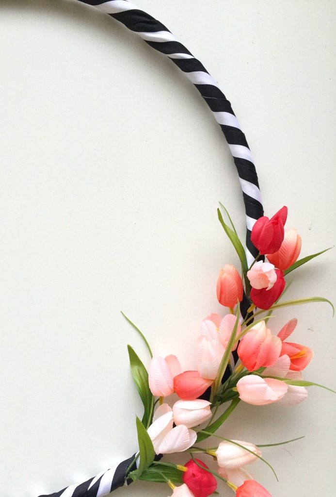 Black and white ribbon with tulips on a hula hoop