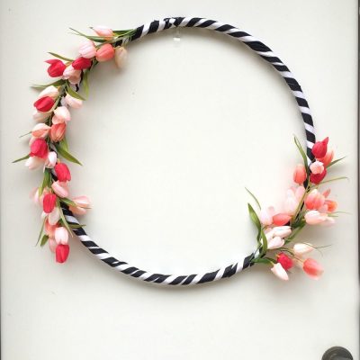 Hula Hoop spring wreath with black and white ribbon