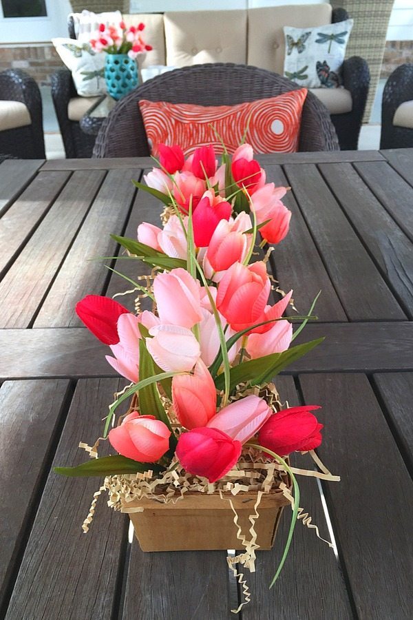 Farmhouse Spring centerpiece with pretty tulips