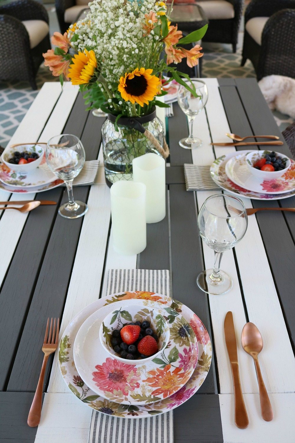 Stripes and florals make a bold statement perfect for dining outside