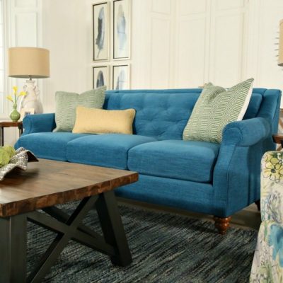 La Z Boy tufted sofa in turquoise for the design Dash room by Refresh Restyle