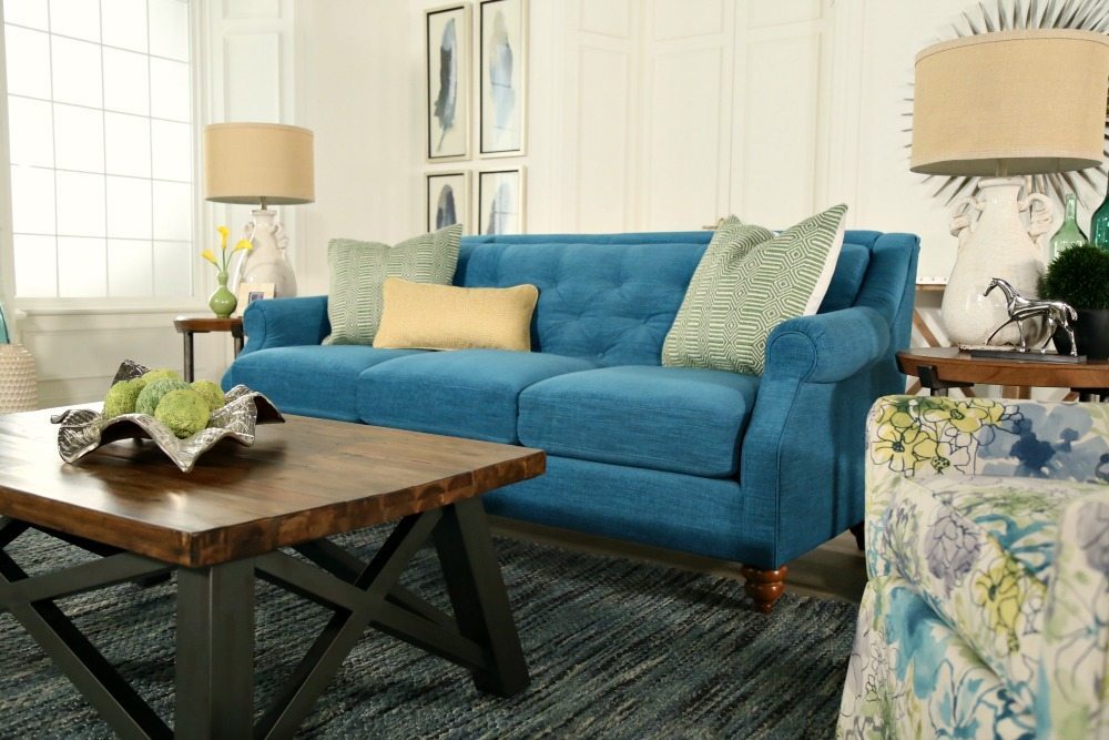 La Z Boy tufted sofa in turquoise for the design Dash room by Refresh Restyle