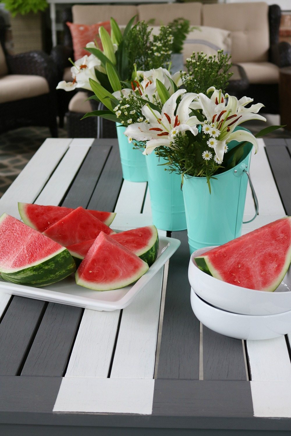 Summer porch ideas like this gray and white striped table at Refresh Restyle