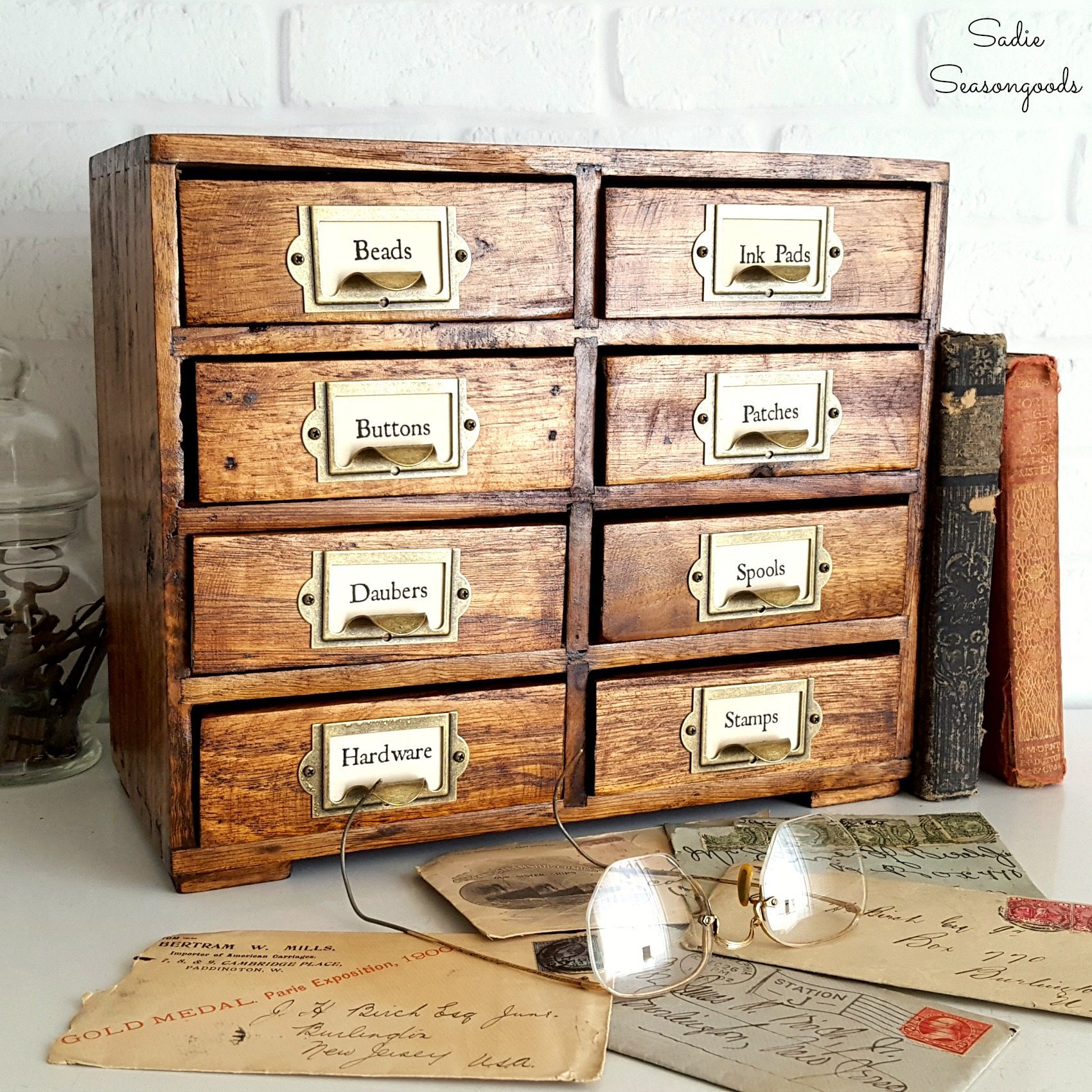 Repurposed_painted_set_of_mini_drawers_refinished_to_look_like_vintage_library_card_catalog_by_Sadie_Seasongoods-Copy