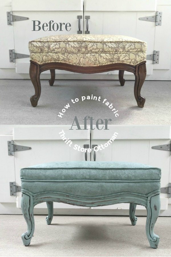 Thrift Store Ottoman makeover you can paint fabric