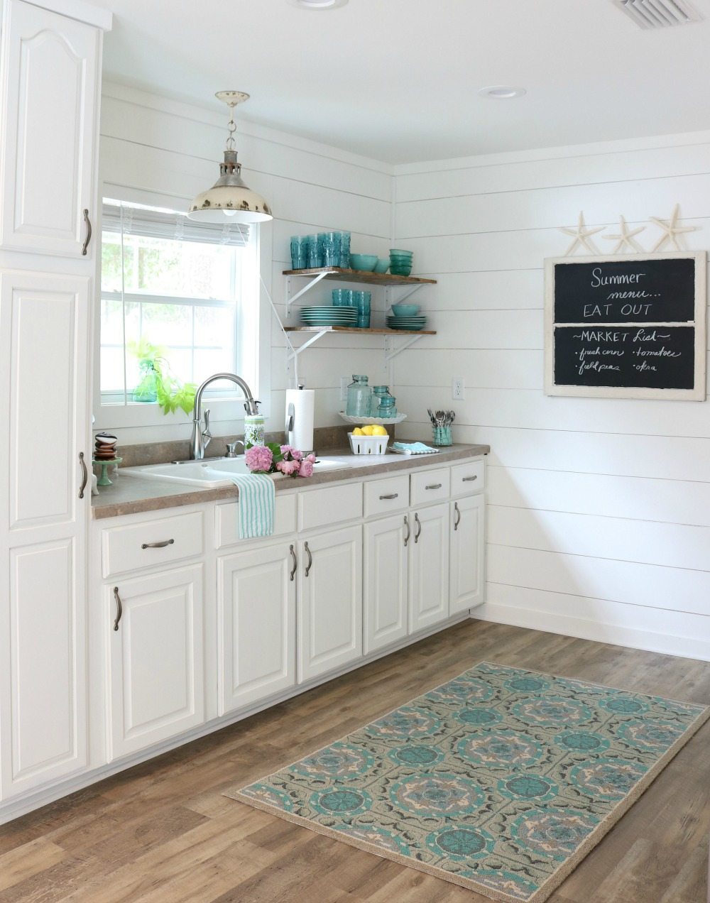 Painted cabinets and shiplap with open shelve at the farmhouse cottage at Refresh Restyle