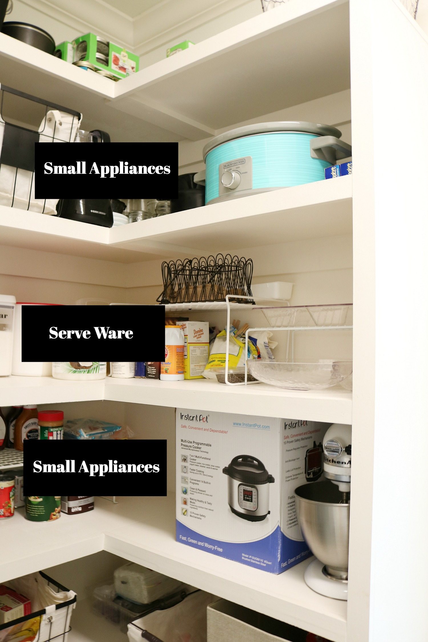 Create a space in the pantry for small appliances and serve ware