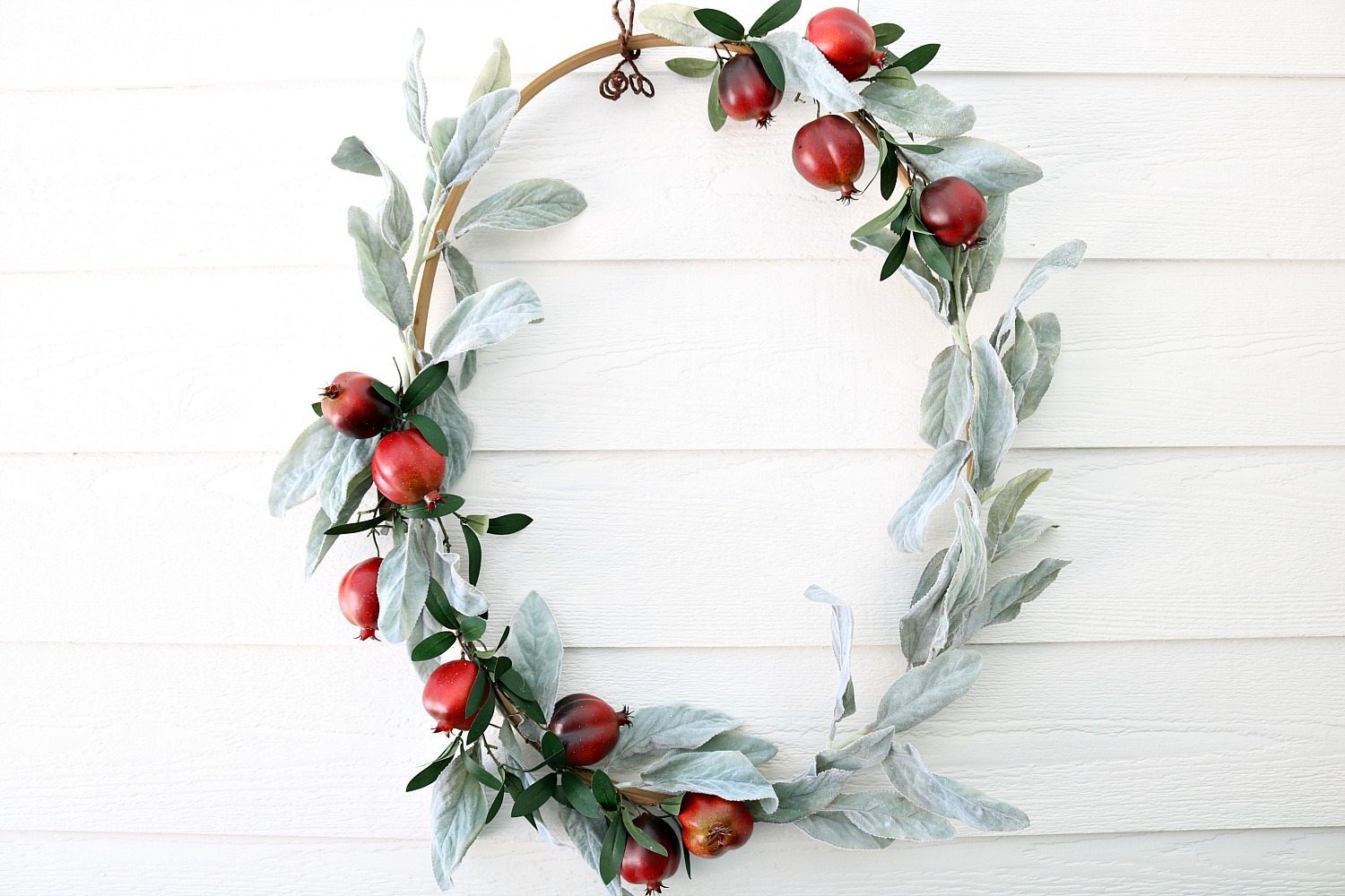 Fall ready with this quilt hoop wreath filled with lambs ear and pomegranate