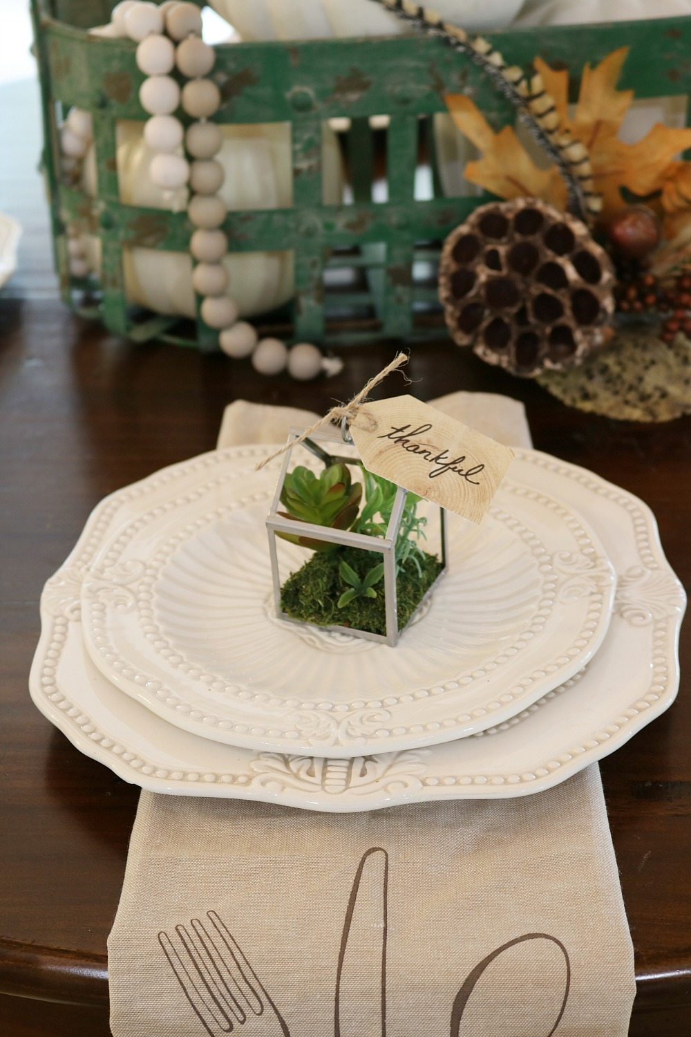 Tiny green house filled with succulents for fall table