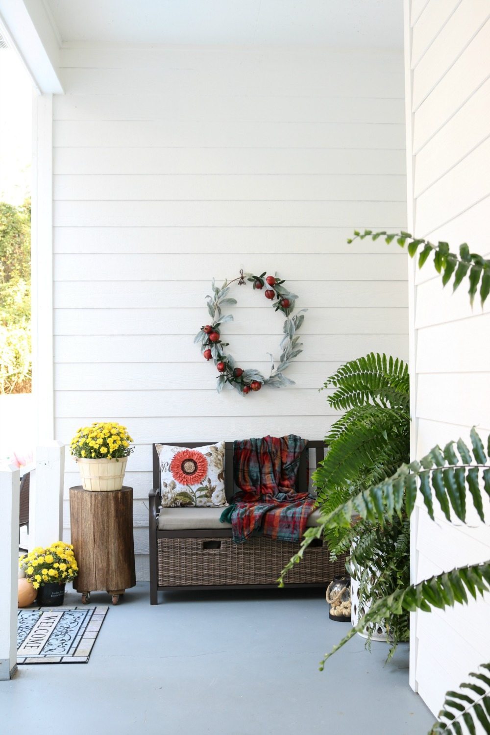 Cozy fall entry love the bench