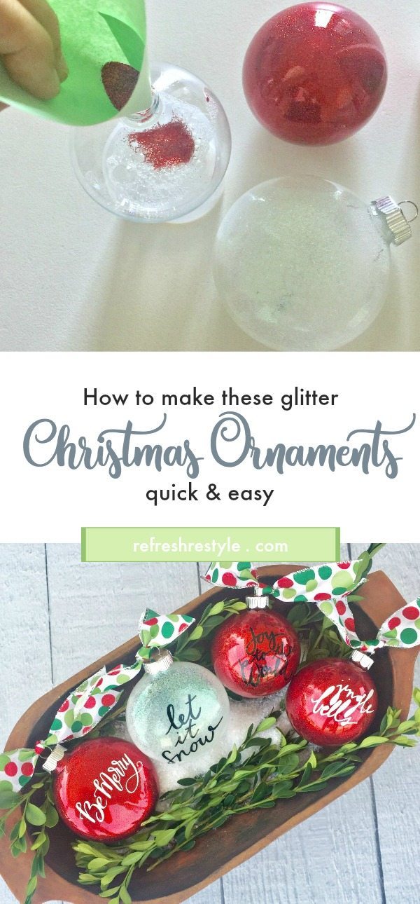 How to make these glitter Christmas ornaments. They are quick and easy to make. Great for your  Christmas tree and for gift giving. Just think of all the way you can personalize these cuties!