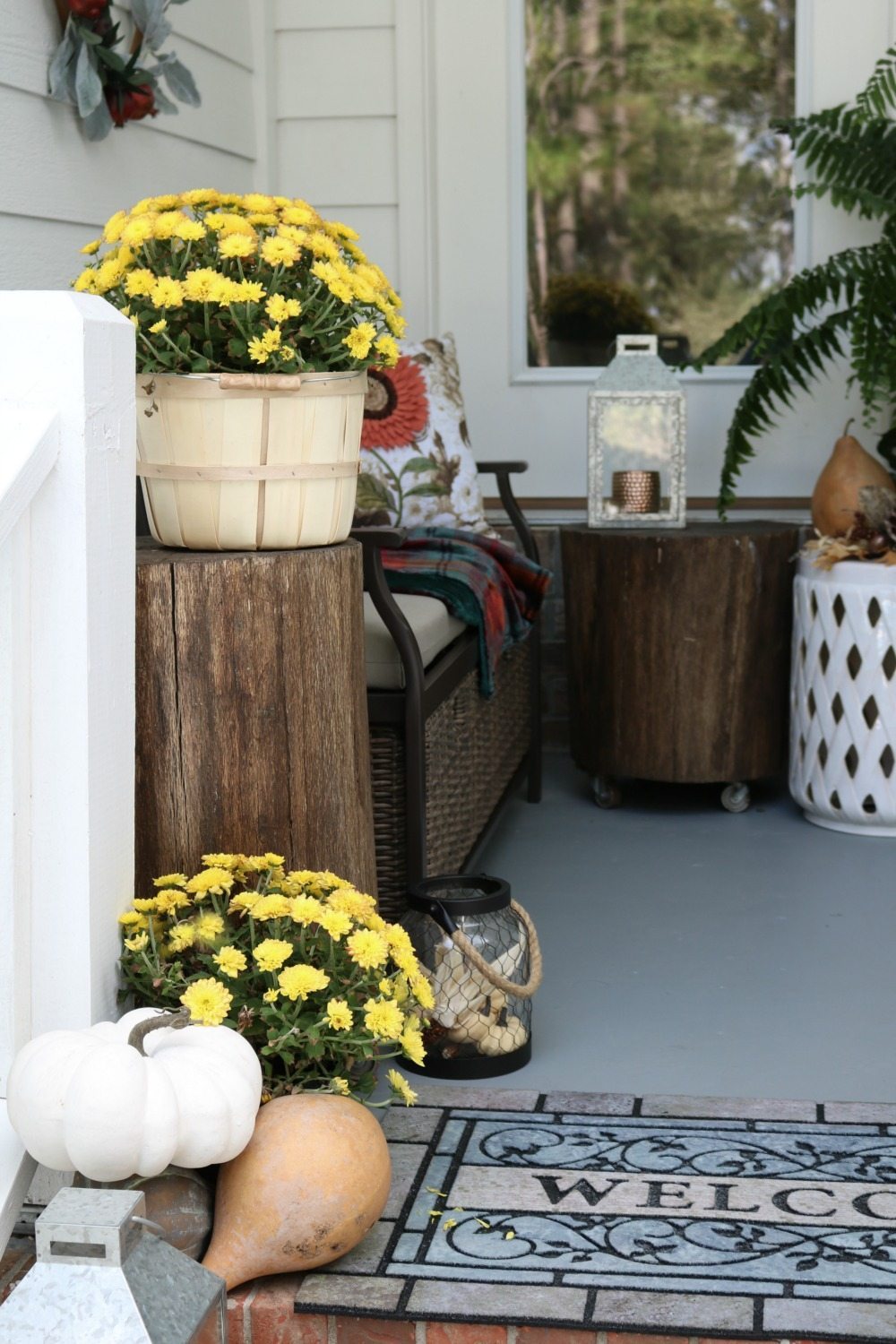 Stump tables and storage bench perfect for the entry