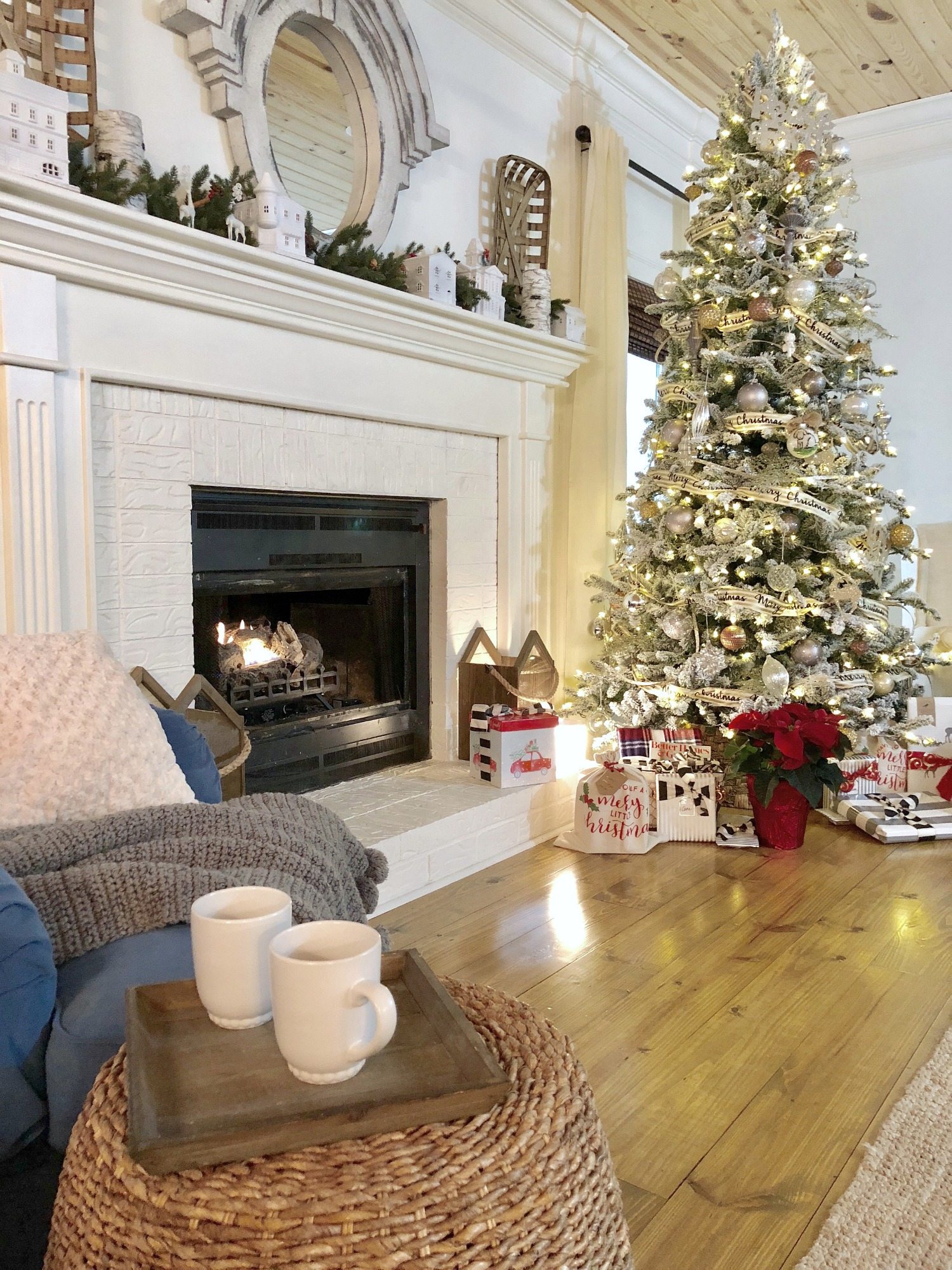 Coffee by the fire and Christmas tree