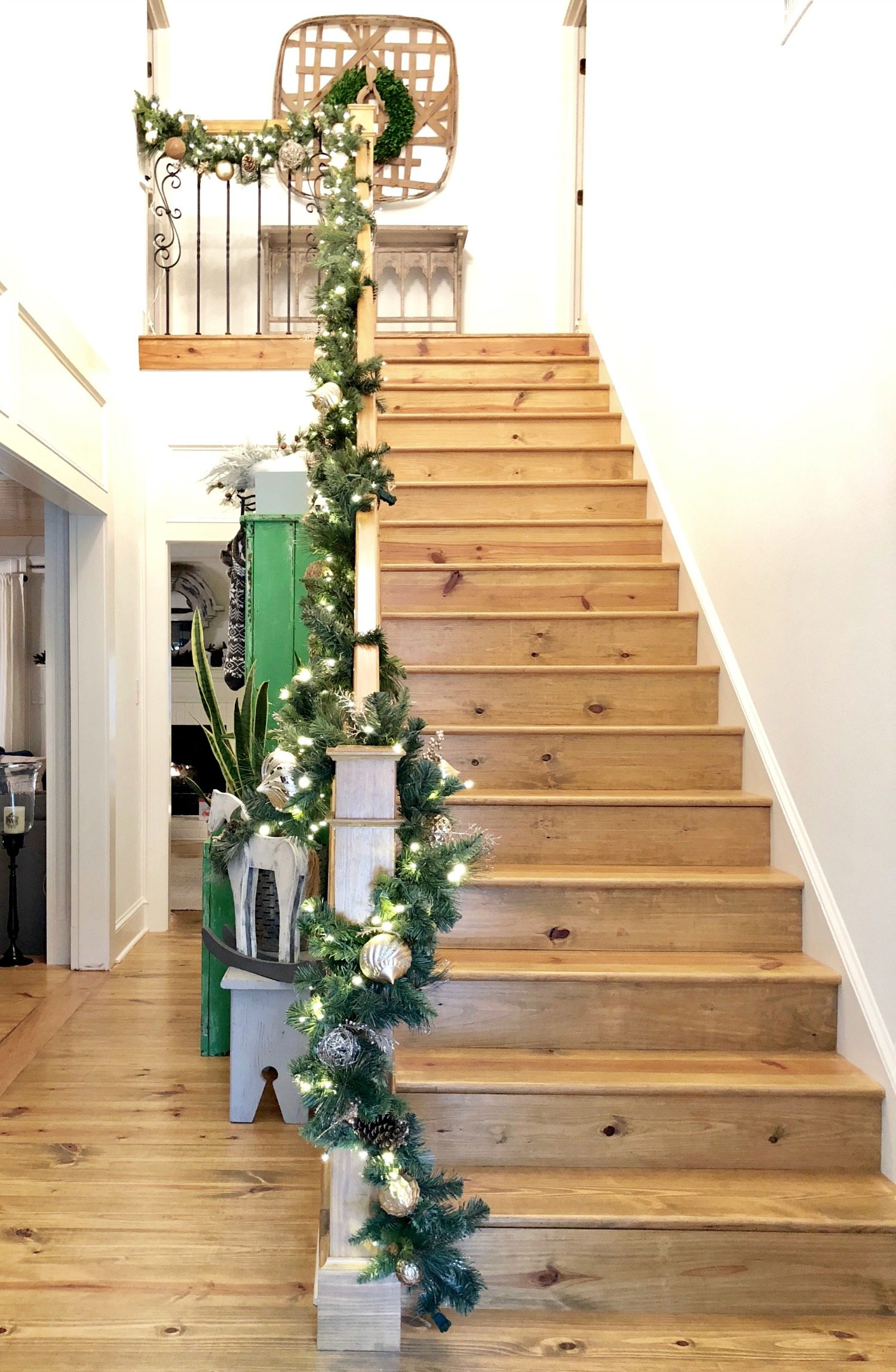 Garland wrapped staircase