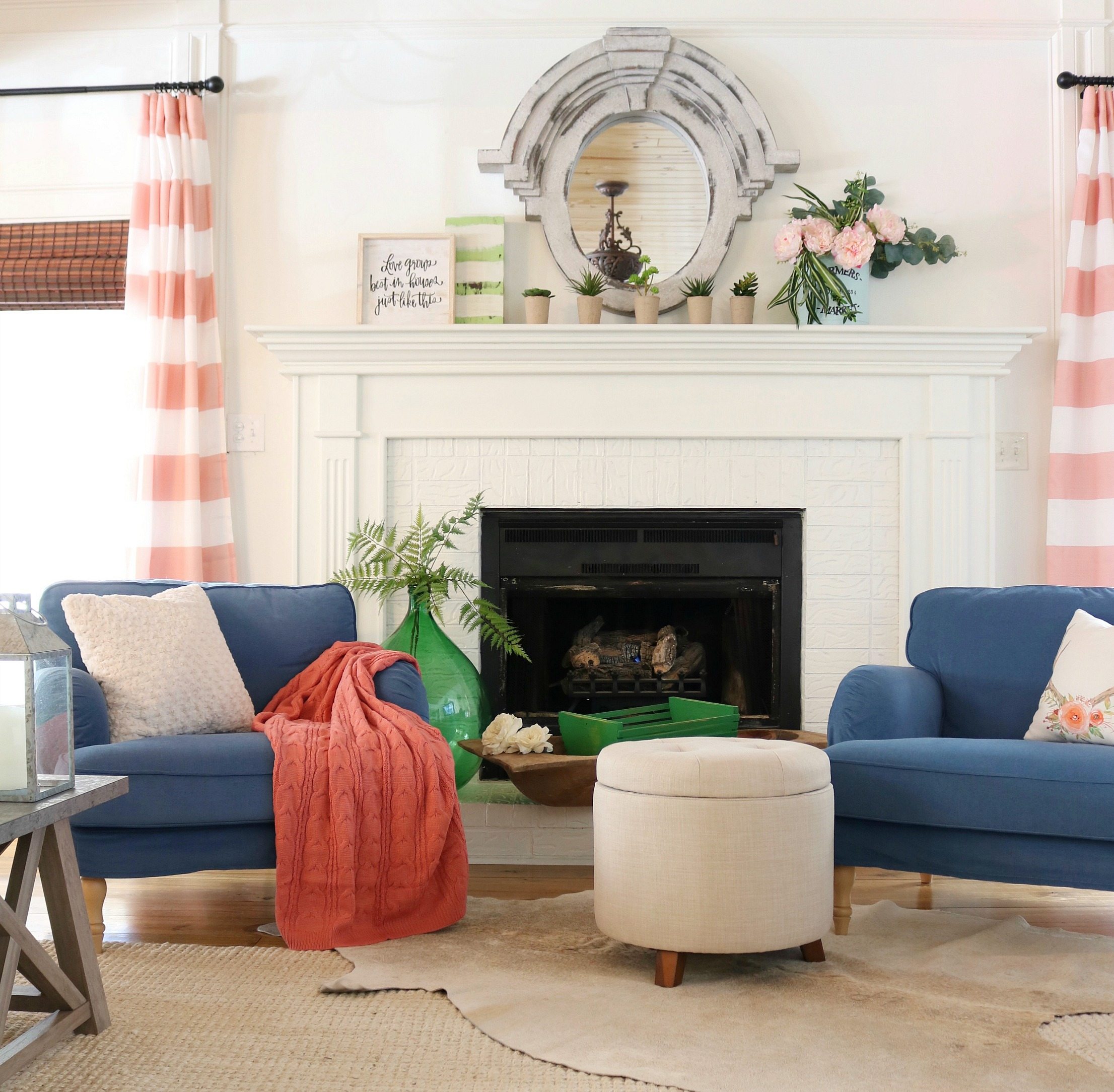 Coral blue and green living room