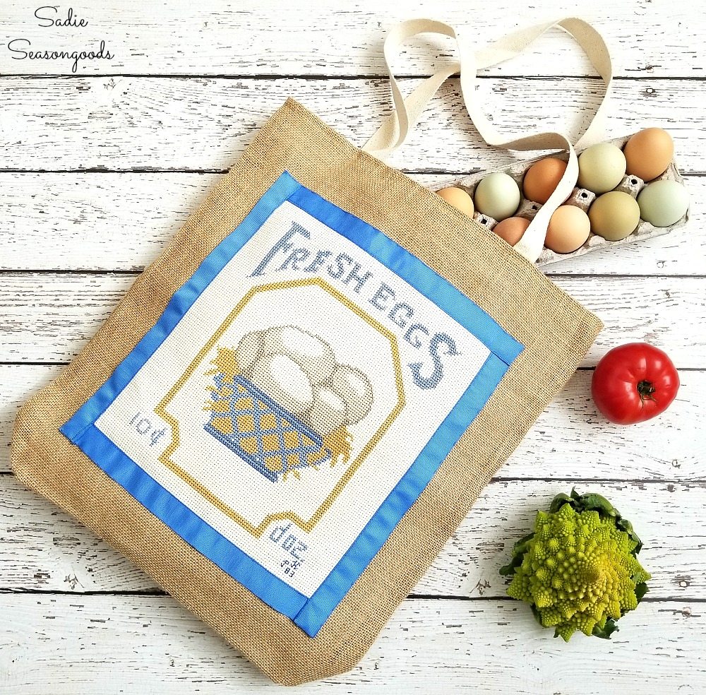 DIY-Farm-Style-Reusable-Grocery-Bag-with-Repurposed-Vintage-Cross-Stitch-and-upcycled-thrifted-burlap-tote-by-Sadie-Seasongoods