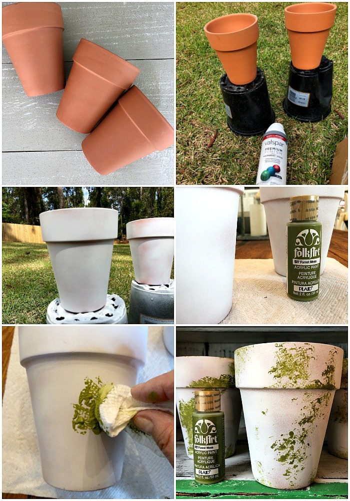 Spray paint clay pots add moss