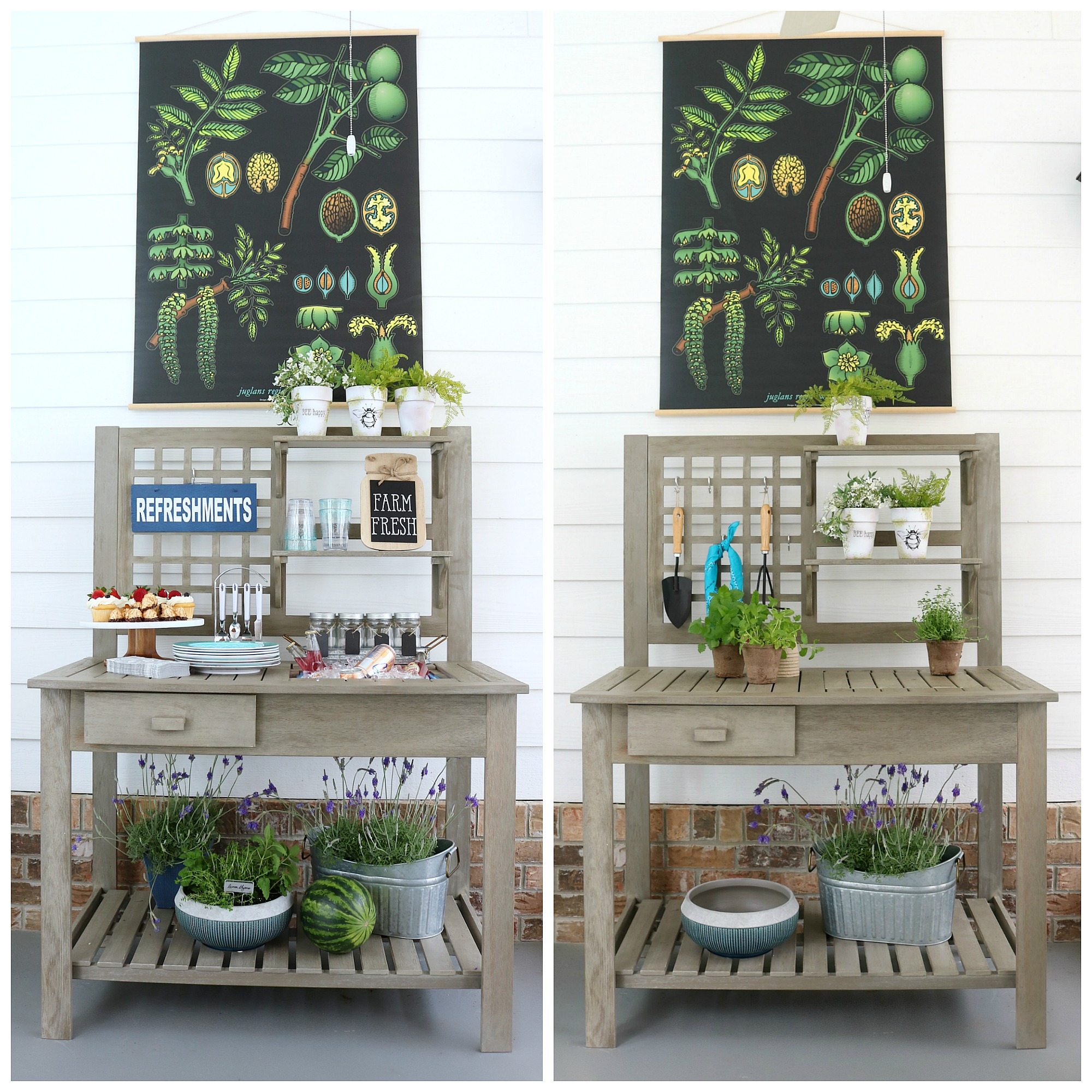 Multi-use potting bench - From planting flowers to entertaining family and friends, our newest addition to the back porch will help with both! A potting bench makes entertaining fun and planting flowers easy. The Camrose Farmhouse Potting bench from Better Homes & Gardens at Walmart #Ad #farmhouse #garden #pottingbench #rustic