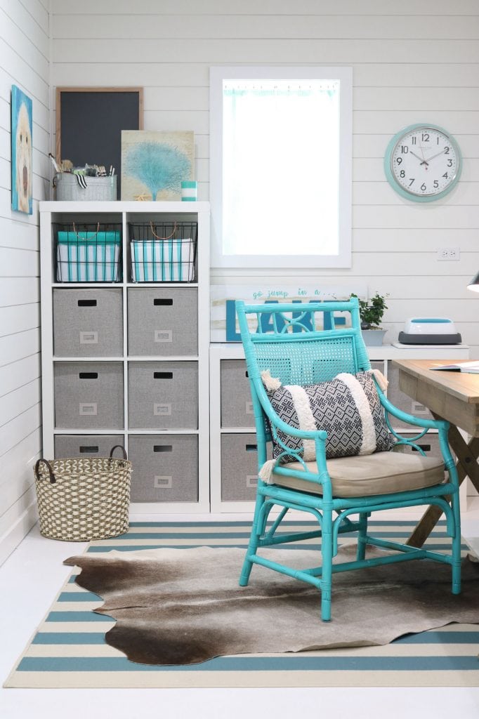 Cube storage small office, white paint and fun color create the perfect home office.