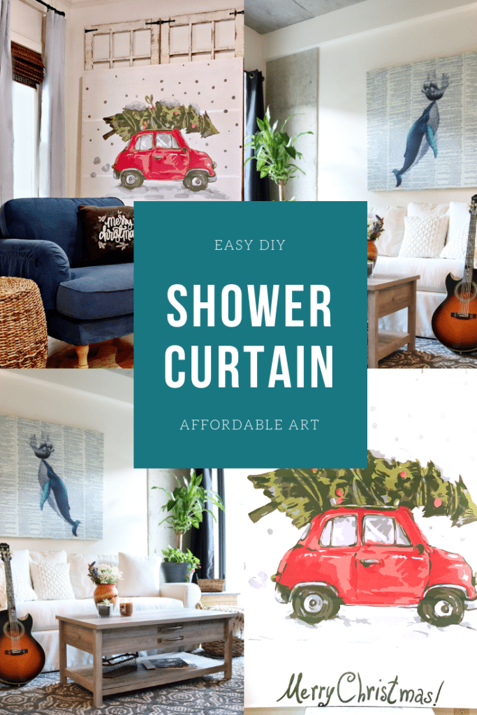 DIY easy shower curtain art using shower curtains and simple boards makes affordable wall decor