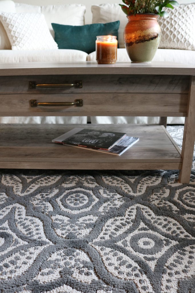 Rug Details and rustic coffee table from BHG