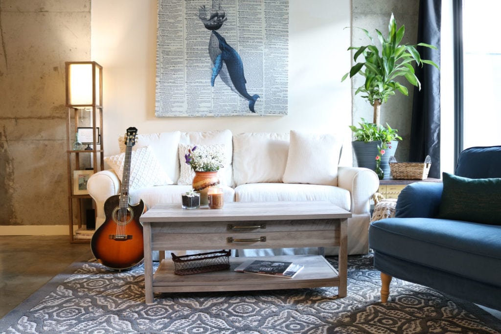 Small apartment living - decorate with rugs, lamps and rustic coffee table.
