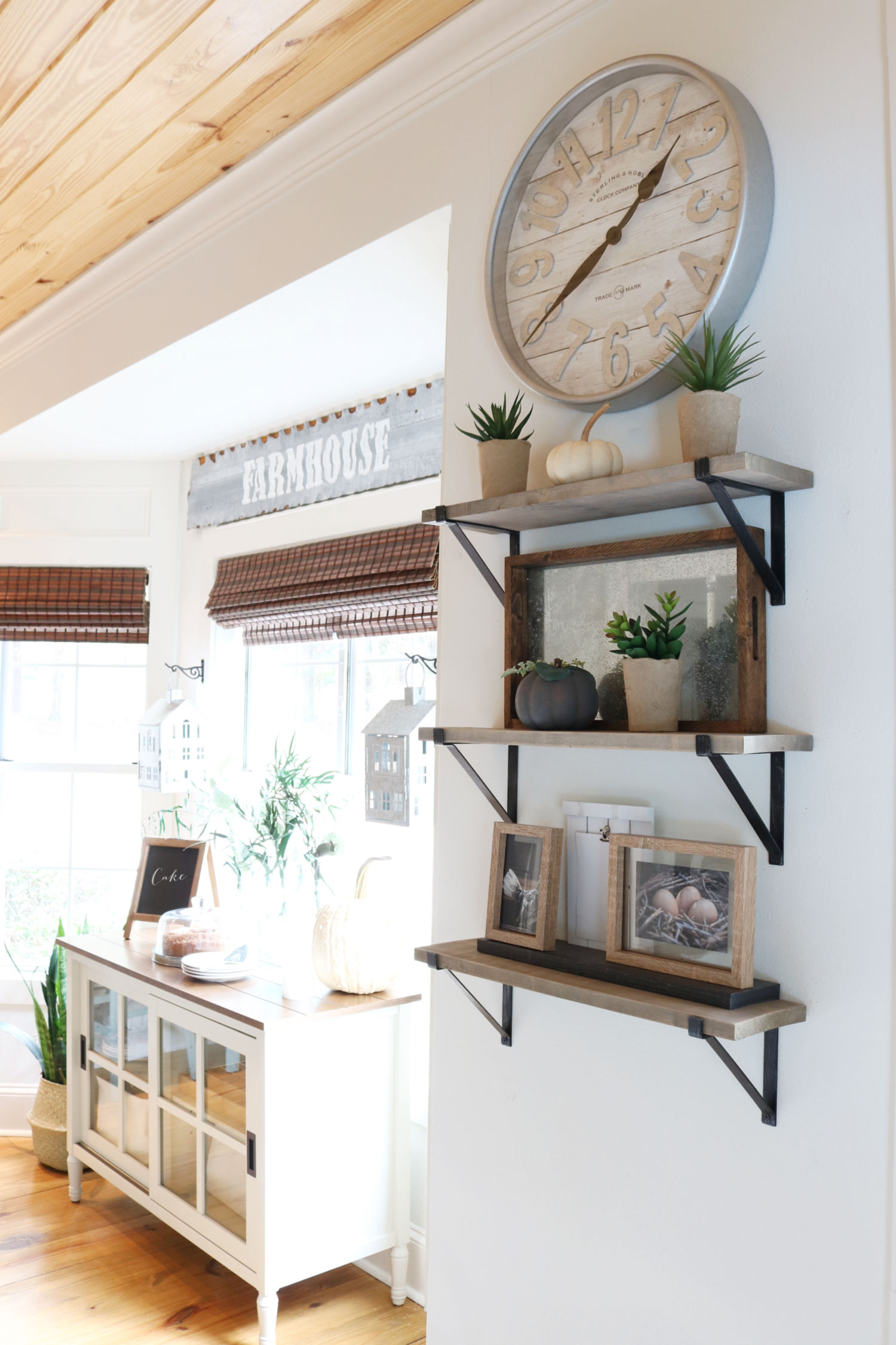 farmhouse shelves - wood and metal galvanized clock