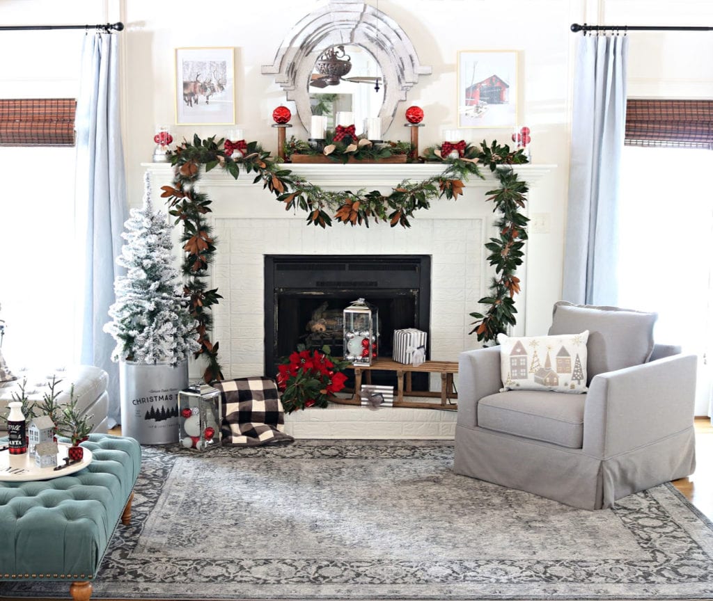 BHG Christmas Living room with magnolia garland