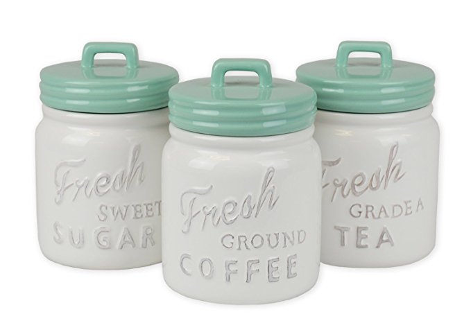 white and turquoise canister set