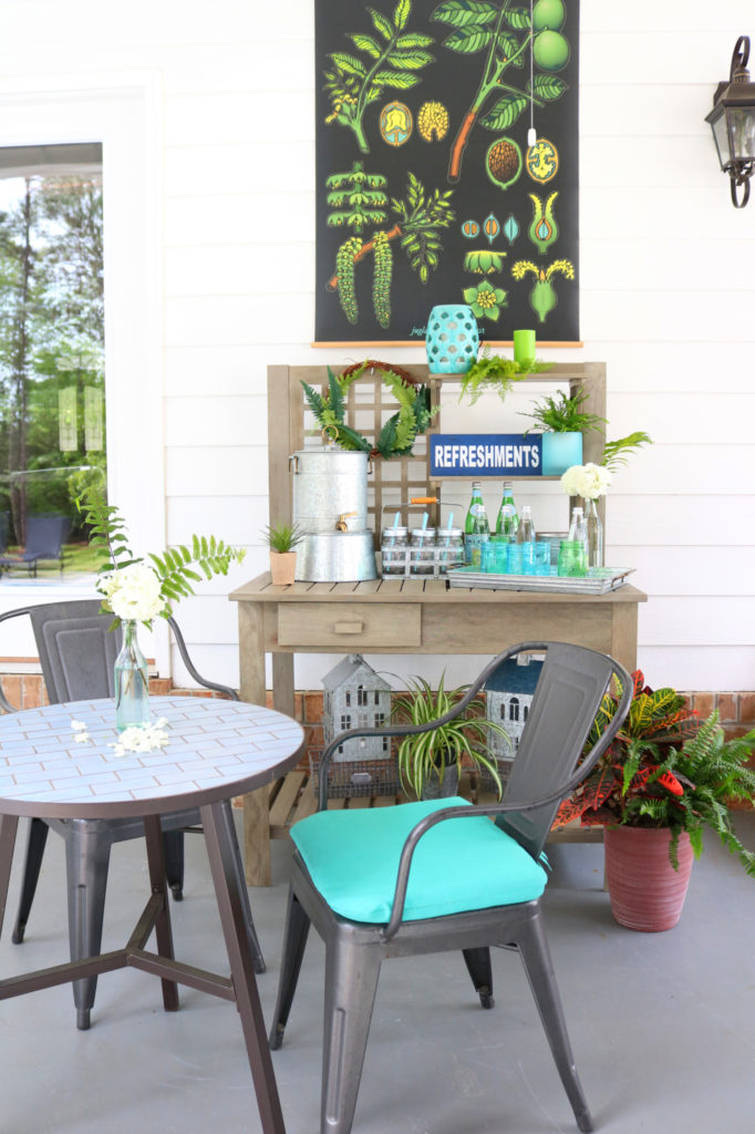 Porch beverage potting bench - Back Porch Entertaining Ideas - affordable farmhouse inspired